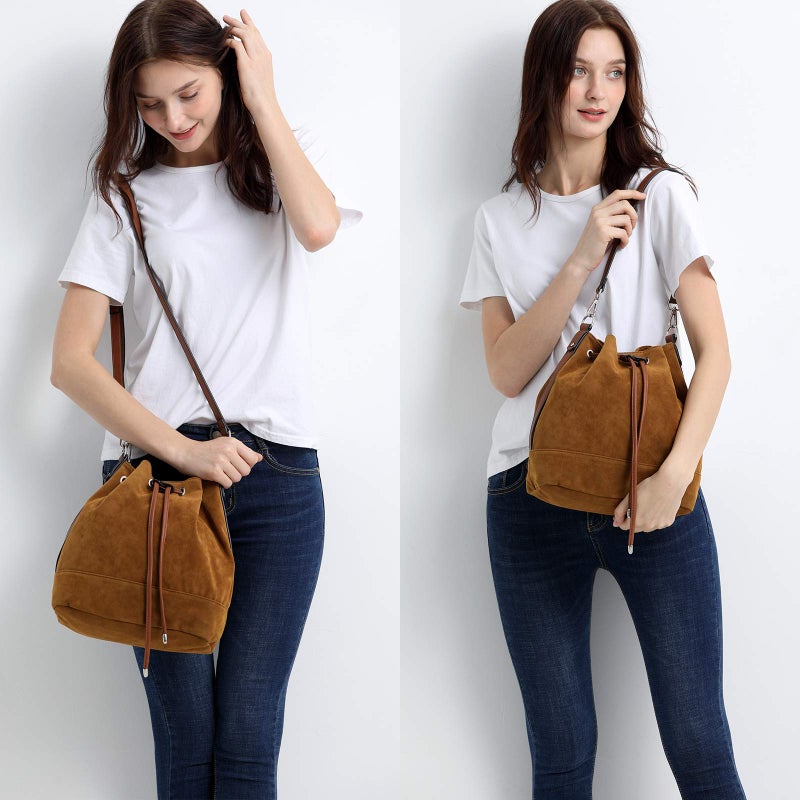 AFKOMST Leather Bucket Bags and Drawstring Crossbody Purse for Women Medium Tote and Hobo Handbags with 2 Shouder Straps - Image 2